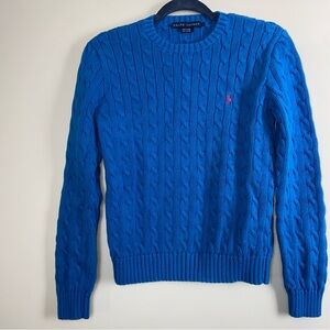 Ralph Lauren blue cable knit, long sleeve, pull over sweater, kid's large